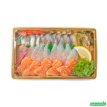 Wholesale Restaurantware Roku Rectangle Gold Plastic Take Out Sushi Tray - with Clear Lid - 9 1/4" X 6" X 1 3/4" - 100 Count Box- Bulk