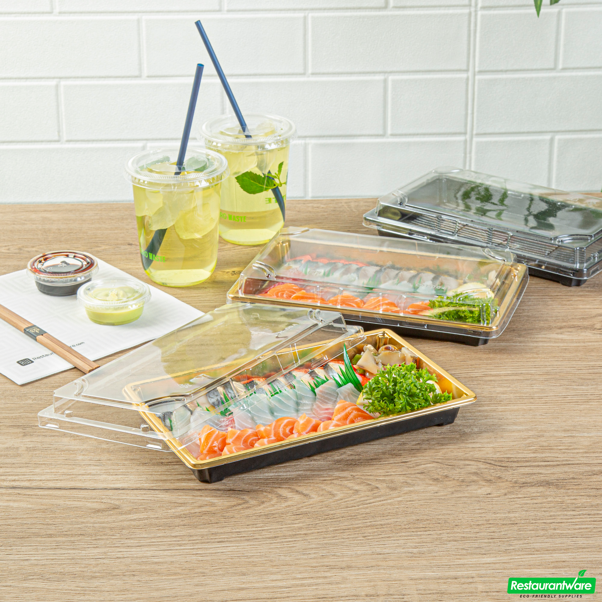 Wholesale Restaurantware Roku Rectangle Gold Plastic Take Out Sushi Tray - with Clear Lid - 9 1/4" X 6" X 1 3/4" - 100 Count Box- Bulk