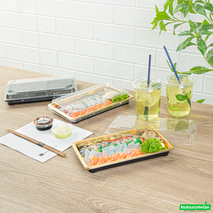 Wholesale Restaurantware Roku Rectangle Gold Plastic Take Out Sushi Tray - with Clear Lid - 9 1/4" X 6" X 1 3/4" - 100 Count Box- Bulk