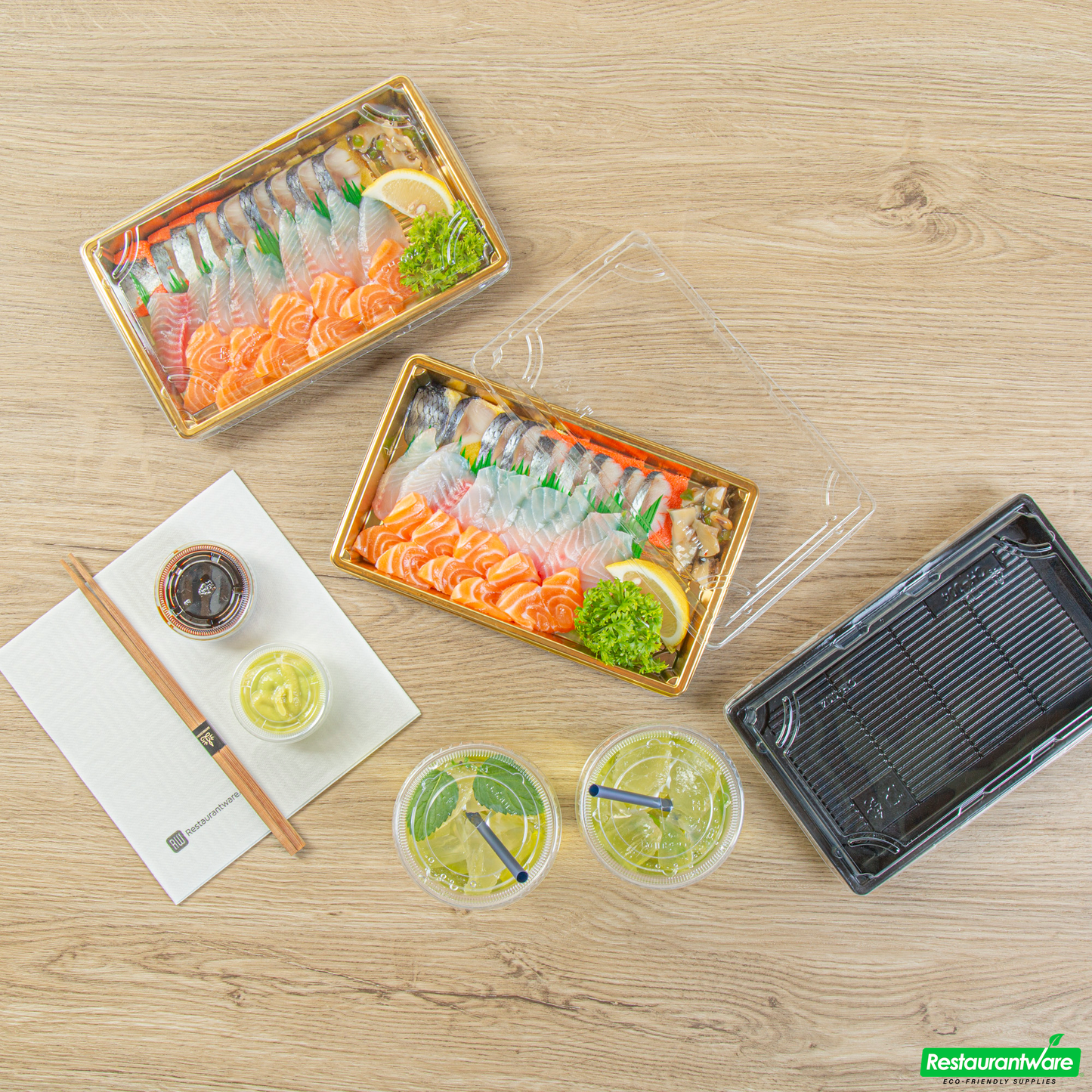 Wholesale Restaurantware Roku Rectangle Gold Plastic Take Out Sushi Tray - with Clear Lid - 9 1/4" X 6" X 1 3/4" - 100 Count Box- Bulk