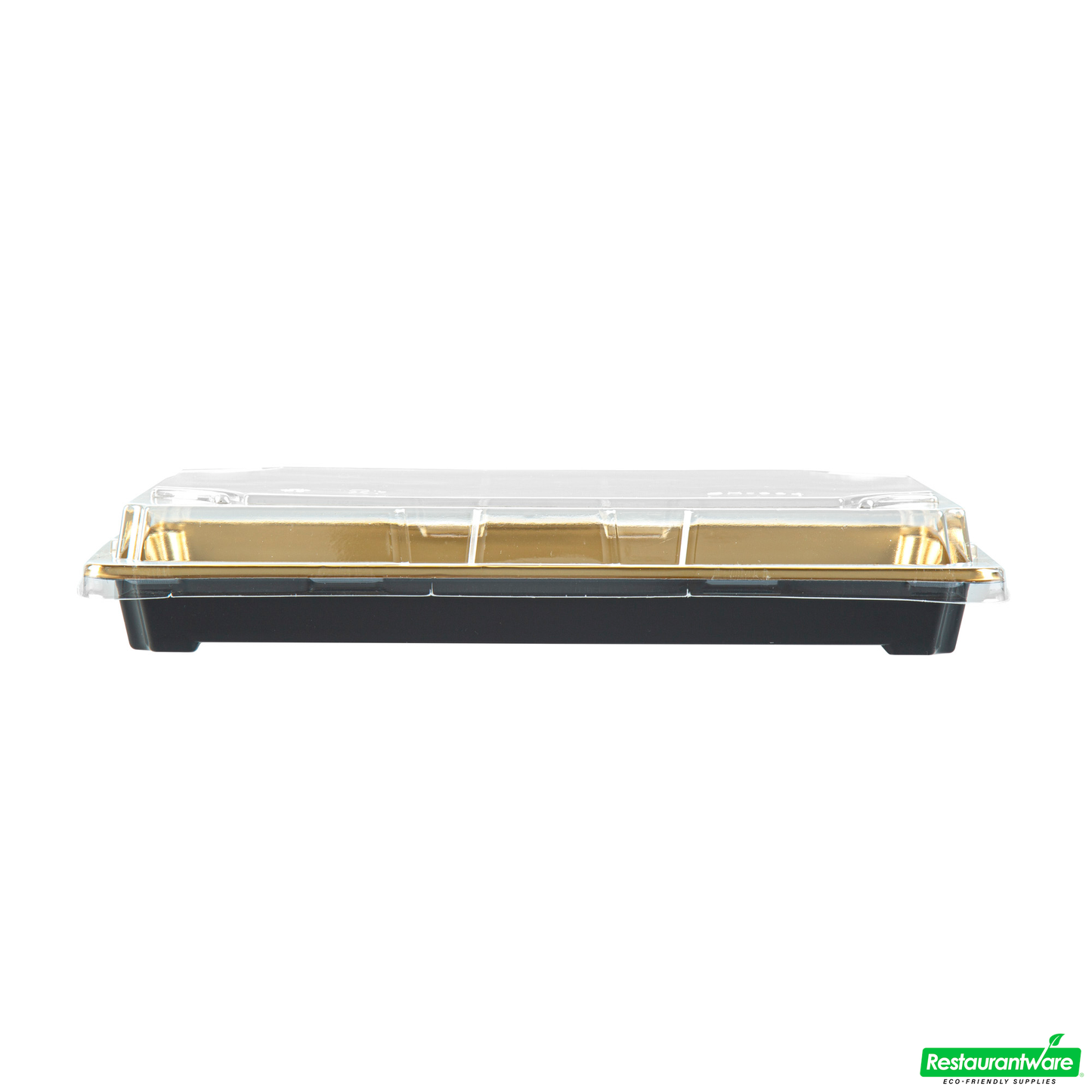 Wholesale Restaurantware Roku Rectangle Gold Plastic Take Out Sushi Tray - with Clear Lid - 9 1/4" X 6" X 1 3/4" - 100 Count Box- Bulk
