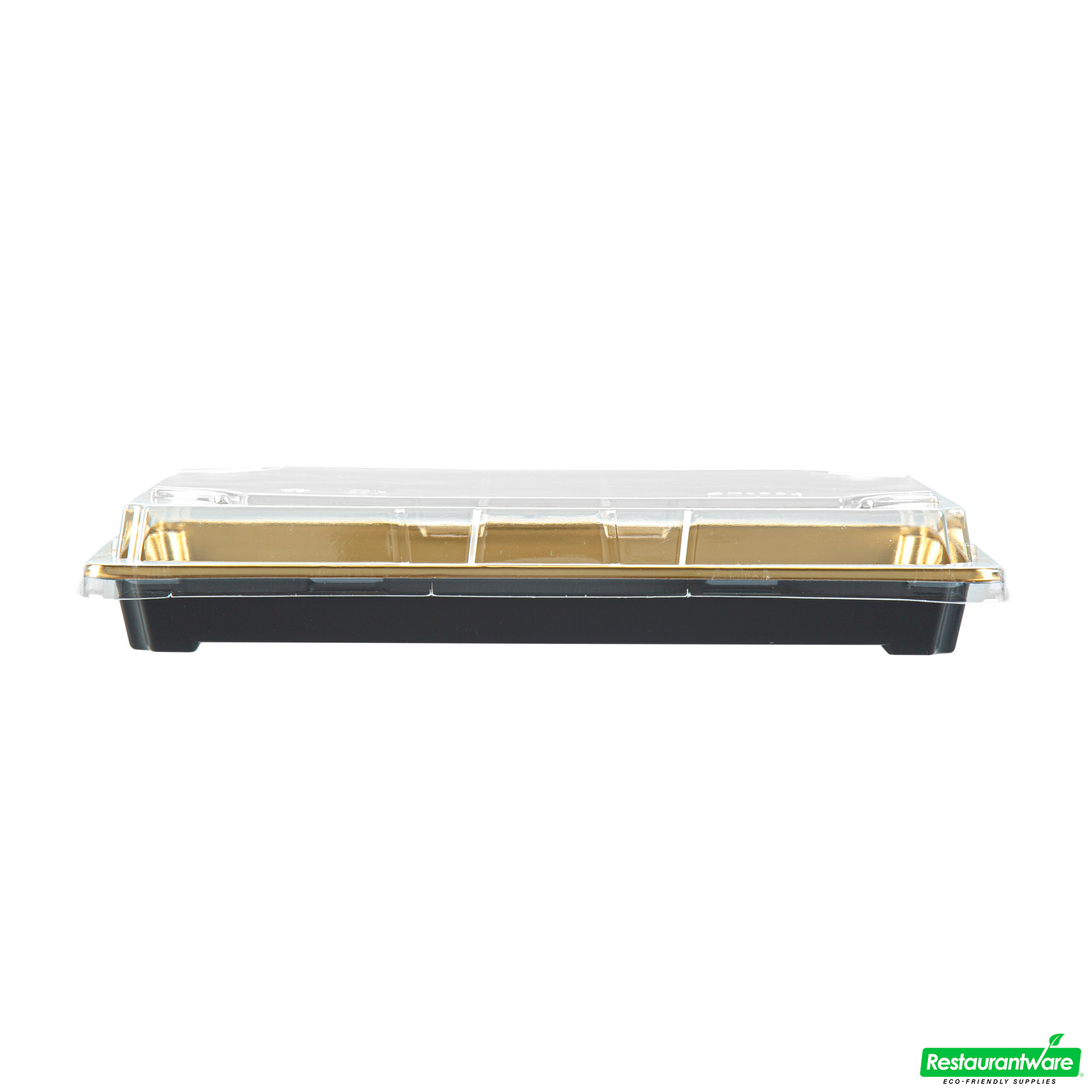 Wholesale Restaurantware Roku Rectangle Gold Plastic Take Out Sushi Tray - with Clear Lid - 9 1/4" X 6" X 1 3/4" - 100 Count Box- Bulk