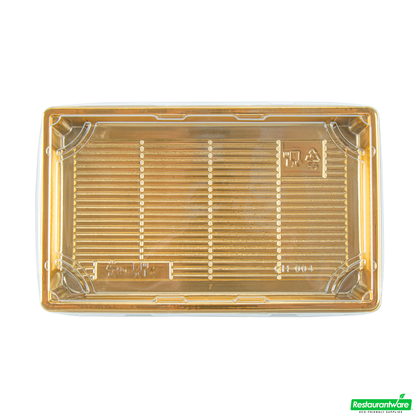 Wholesale Restaurantware Roku Rectangle Gold Plastic Take Out Sushi Tray - with Clear Lid - 9 1/4" X 6" X 1 3/4" - 100 Count Box- Bulk