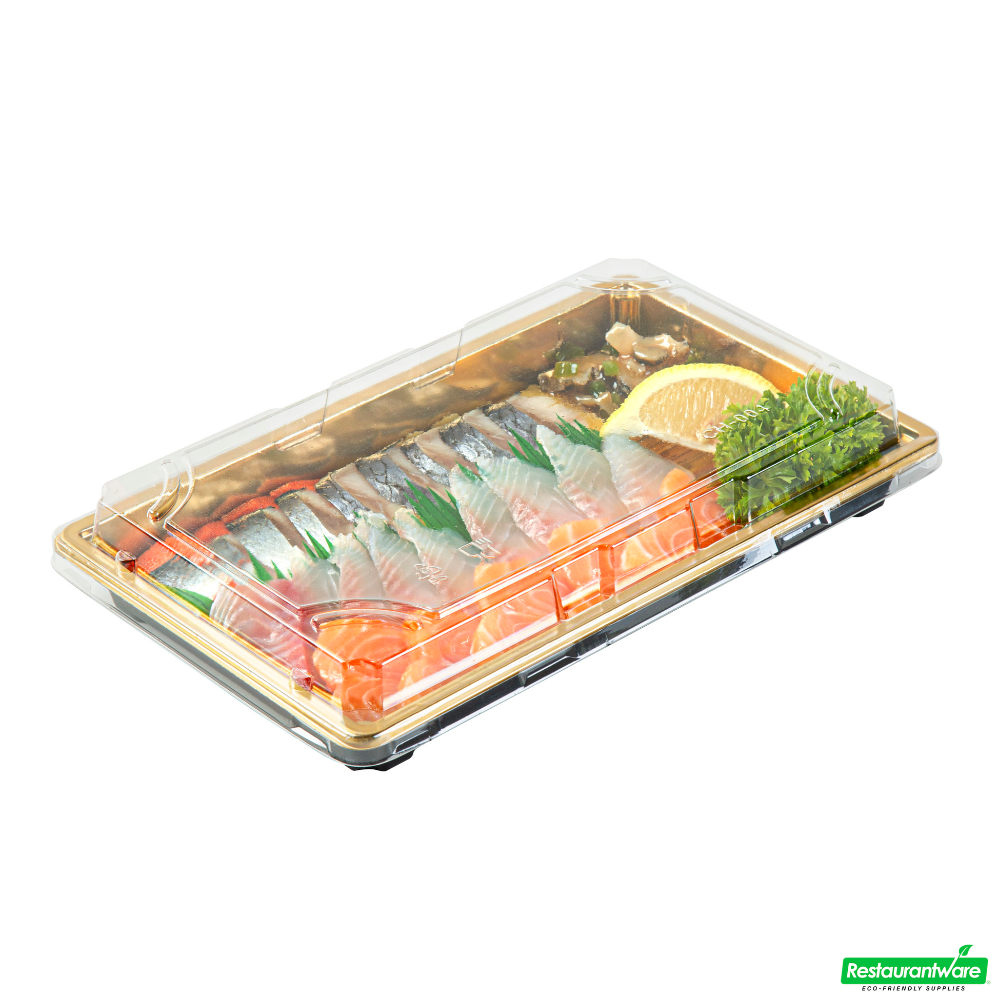 Wholesale Restaurantware Roku Rectangle Gold Plastic Take Out Sushi Tray - with Clear Lid - 9 1/4" X 6" X 1 3/4" - 100 Count Box- Bulk
