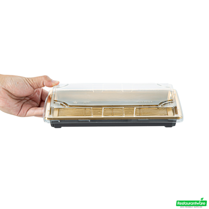 Wholesale Restaurantware Roku Rectangle Gold Plastic Take Out Sushi Tray - with Clear Lid - 9 1/4" X 6" X 1 3/4" - 100 Count Box- Bulk