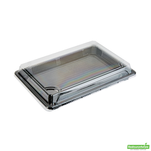 Wholesale Restaurantware Roku Rectangle Black Plastic Take Out Sushi Tray - with Clear Lid - 10" X 7 1/4" X 1 3/4" - 100 Count Box- Bulk