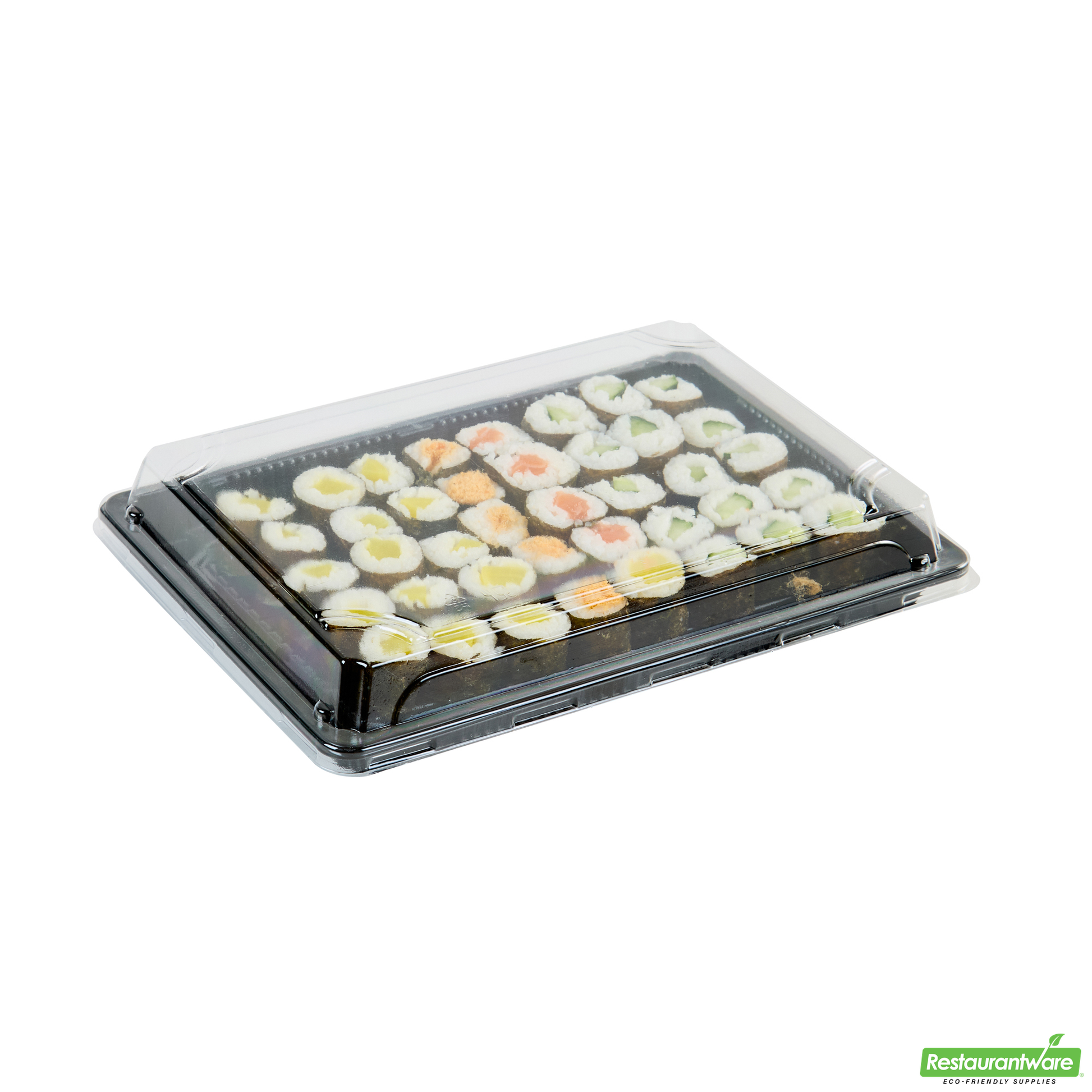 Wholesale Restaurantware Roku Rectangle Black Plastic Take Out Sushi Tray - with Clear Lid - 10" X 7 1/4" X 1 3/4" - 100 Count Box- Bulk