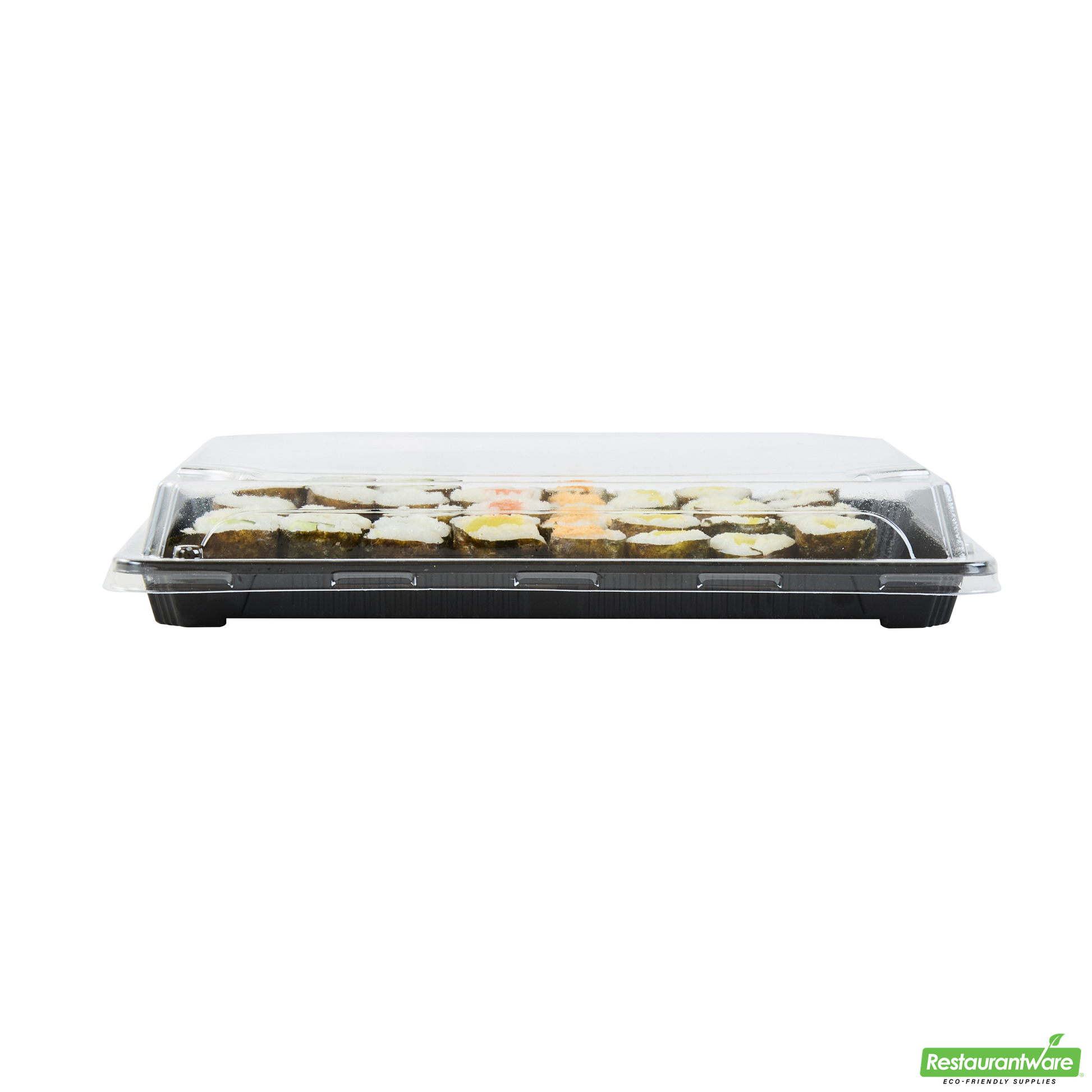 Wholesale Restaurantware Roku Rectangle Black Plastic Take Out Sushi Tray - with Clear Lid - 10" X 7 1/4" X 1 3/4" - 100 Count Box- Bulk