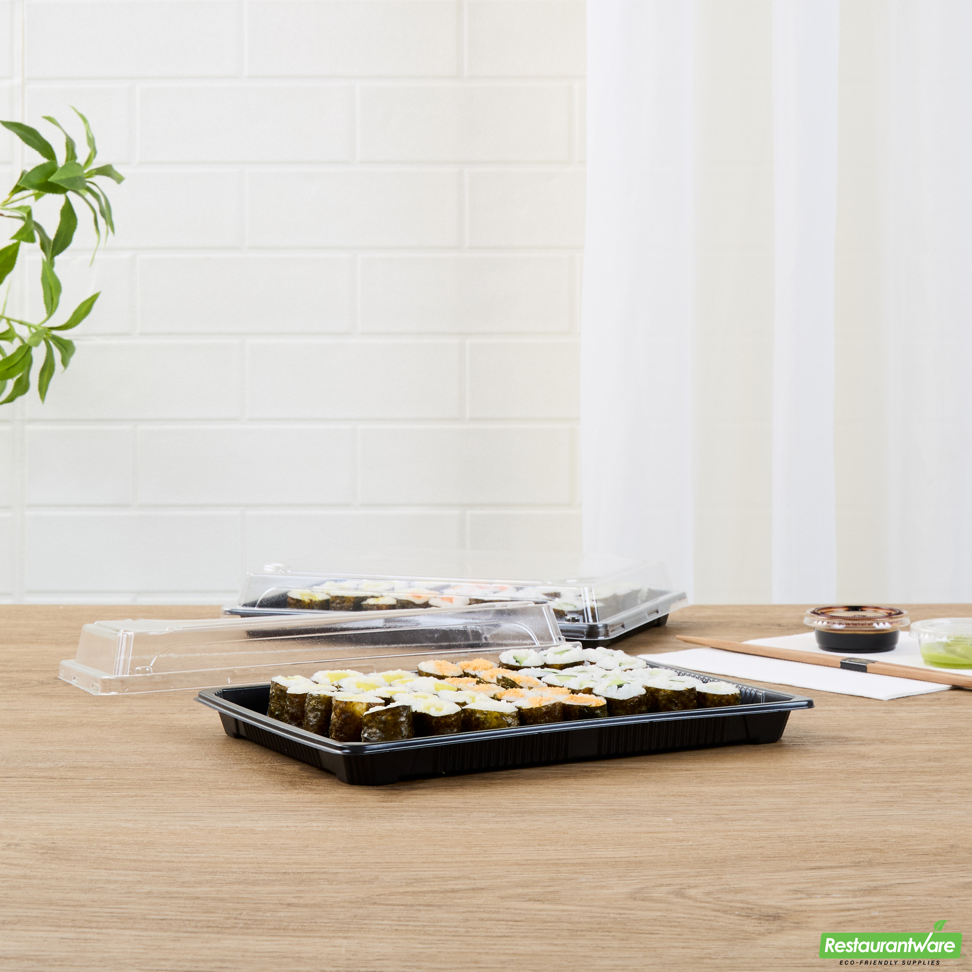 Wholesale Restaurantware Roku Rectangle Black Plastic Take Out Sushi Tray - with Clear Lid - 10" X 7 1/4" X 1 3/4" - 100 Count Box- Bulk