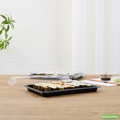 Wholesale Restaurantware Roku Rectangle Black Plastic Take Out Sushi Tray - with Clear Lid - 10" X 7 1/4" X 1 3/4" - 100 Count Box- Bulk