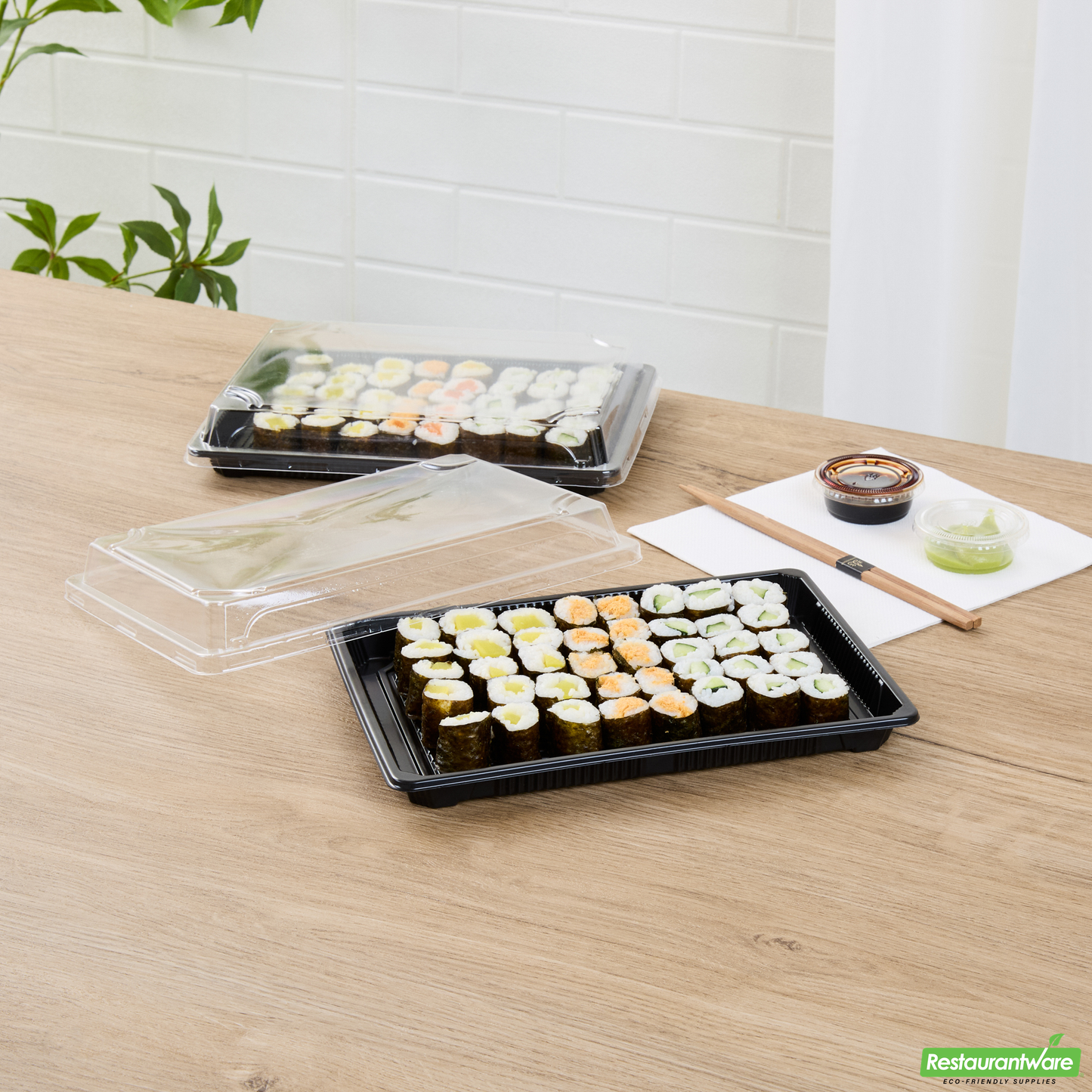 Wholesale Restaurantware Roku Rectangle Black Plastic Take Out Sushi Tray - with Clear Lid - 10" X 7 1/4" X 1 3/4" - 100 Count Box- Bulk