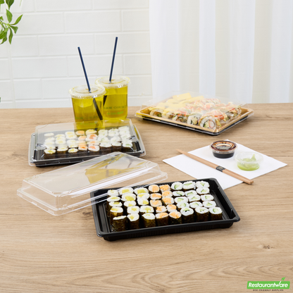 Wholesale Restaurantware Roku Rectangle Black Plastic Take Out Sushi Tray - with Clear Lid - 10" X 7 1/4" X 1 3/4" - 100 Count Box- Bulk
