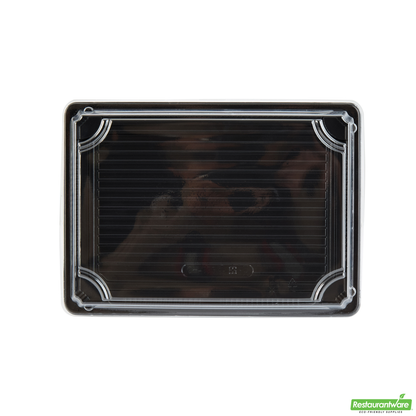 Wholesale Restaurantware Roku Rectangle Black Plastic Take Out Sushi Tray - with Clear Lid - 10" X 7 1/4" X 1 3/4" - 100 Count Box- Bulk