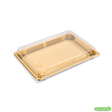 Wholesale Restaurantware Roku Rectangle Gold Plastic Take Out Sushi Tray - with Clear Lid - 10" X 7 1/4" X 1 3/4" - 100 Count Box- Bulk