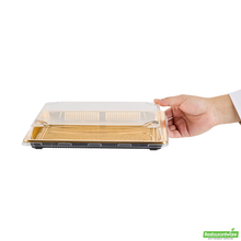 Wholesale Restaurantware Roku Rectangle Gold Plastic Take Out Sushi Tray - with Clear Lid - 10" X 7 1/4" X 1 3/4" - 100 Count Box- Bulk
