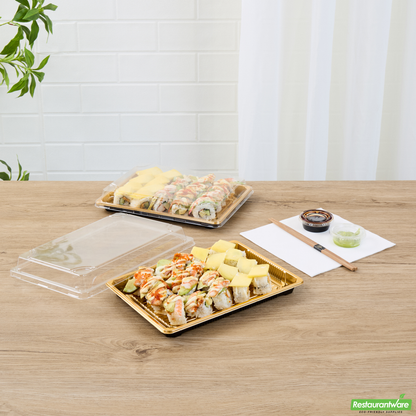 Wholesale Restaurantware Roku Rectangle Gold Plastic Take Out Sushi Tray - with Clear Lid - 10" X 7 1/4" X 1 3/4" - 100 Count Box- Bulk