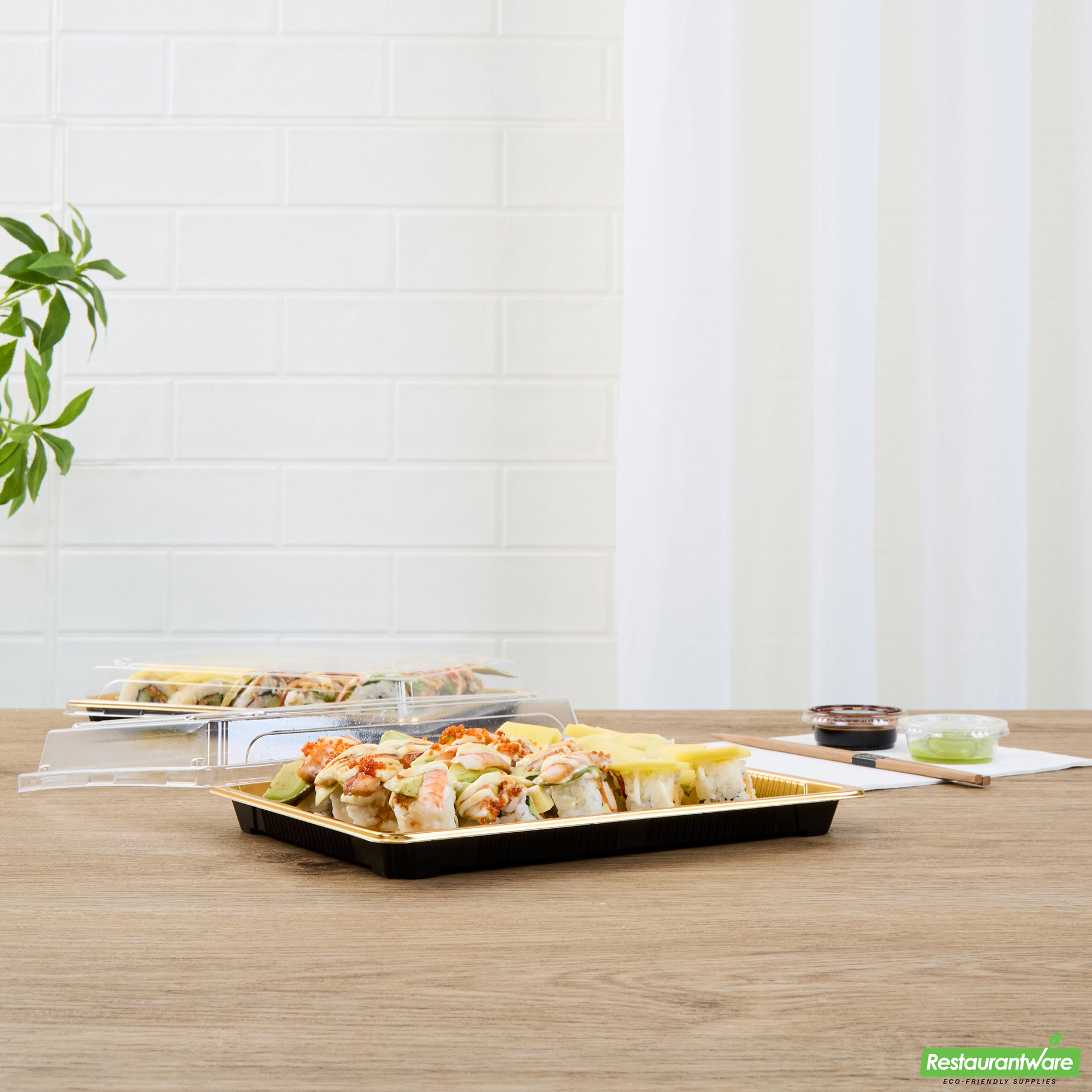 Wholesale Restaurantware Roku Rectangle Gold Plastic Take Out Sushi Tray - with Clear Lid - 10" X 7 1/4" X 1 3/4" - 100 Count Box- Bulk