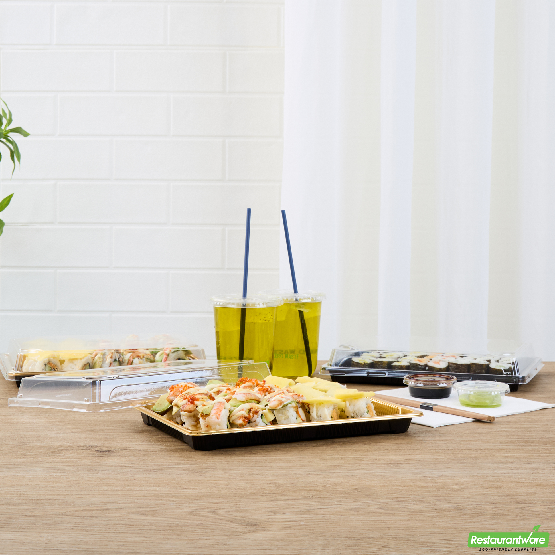 Wholesale Restaurantware Roku Rectangle Gold Plastic Take Out Sushi Tray - with Clear Lid - 10" X 7 1/4" X 1 3/4" - 100 Count Box- Bulk