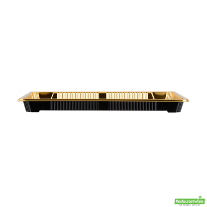 Wholesale Restaurantware Roku Rectangle Gold Plastic Take Out Sushi Tray - with Clear Lid - 10" X 7 1/4" X 1 3/4" - 100 Count Box- Bulk