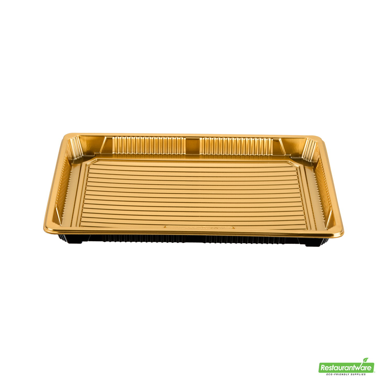 Wholesale Restaurantware Roku Rectangle Gold Plastic Take Out Sushi Tray - with Clear Lid - 10" X 7 1/4" X 1 3/4" - 100 Count Box- Bulk