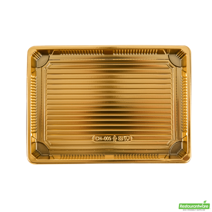 Wholesale Restaurantware Roku Rectangle Gold Plastic Take Out Sushi Tray - with Clear Lid - 10" X 7 1/4" X 1 3/4" - 100 Count Box- Bulk