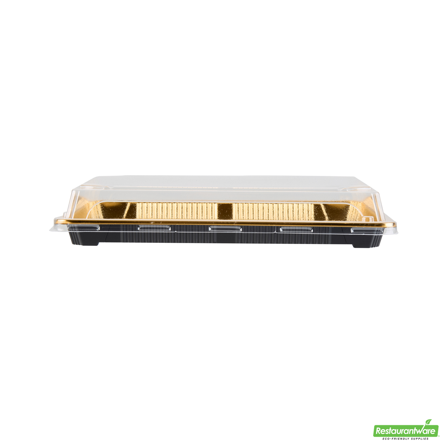 Wholesale Restaurantware Roku Rectangle Gold Plastic Take Out Sushi Tray - with Clear Lid - 10" X 7 1/4" X 1 3/4" - 100 Count Box- Bulk