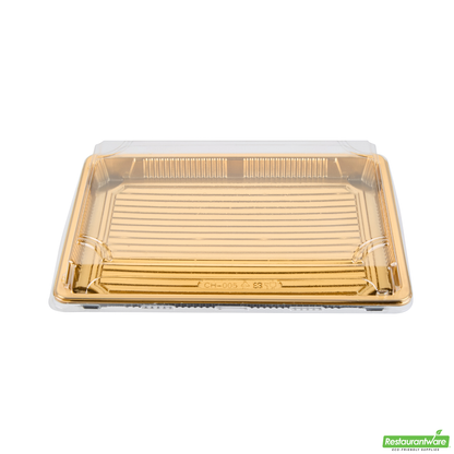 Wholesale Restaurantware Roku Rectangle Gold Plastic Take Out Sushi Tray - with Clear Lid - 10" X 7 1/4" X 1 3/4" - 100 Count Box- Bulk