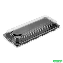 Wholesale Restaurantware Roku Rectangle Black Plastic Take Out Sushi Tray - with Clear Lid - 8 1/2" X 3 1/4" X 1 3/4" - 100 Count Box- Bulk