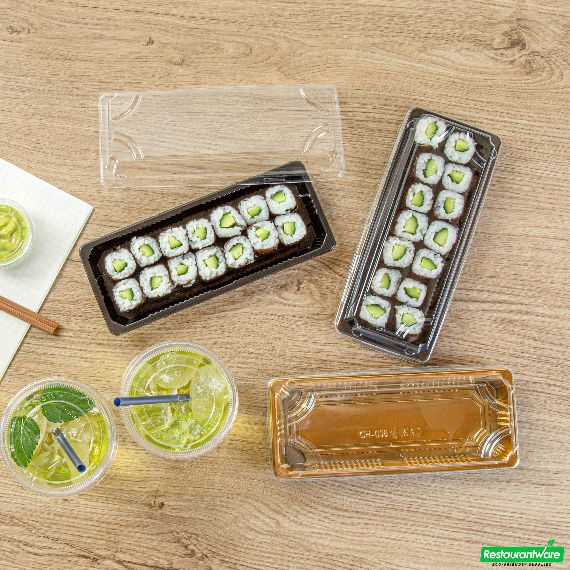 Wholesale Restaurantware Roku Rectangle Black Plastic Take Out Sushi Tray - with Clear Lid - 8 1/2" X 3 1/4" X 1 3/4" - 100 Count Box- Bulk