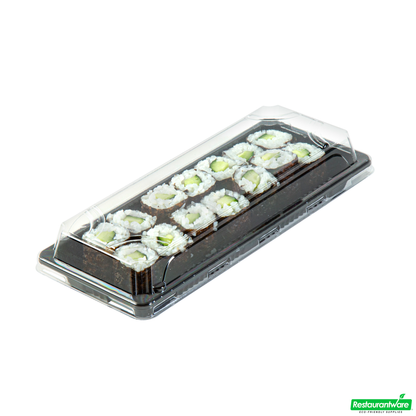 Wholesale Restaurantware Roku Rectangle Black Plastic Take Out Sushi Tray - with Clear Lid - 8 1/2" X 3 1/4" X 1 3/4" - 100 Count Box- Bulk