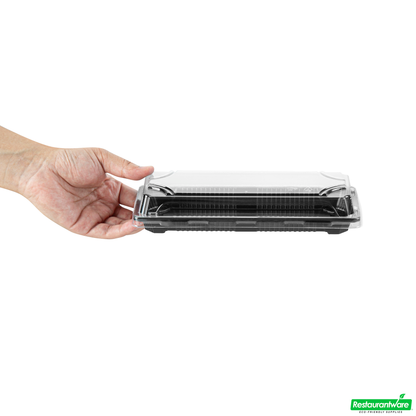 Wholesale Restaurantware Roku Rectangle Black Plastic Take Out Sushi Tray - with Clear Lid - 8 1/2" X 3 1/4" X 1 3/4" - 100 Count Box- Bulk
