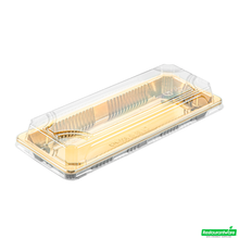 Wholesale Restaurantware Roku Rectangle Gold Plastic Take Out Sushi Tray - with Clear Lid - 8 1/2" X 3 1/4" X 1 3/4" - 100 Count Box- Bulk