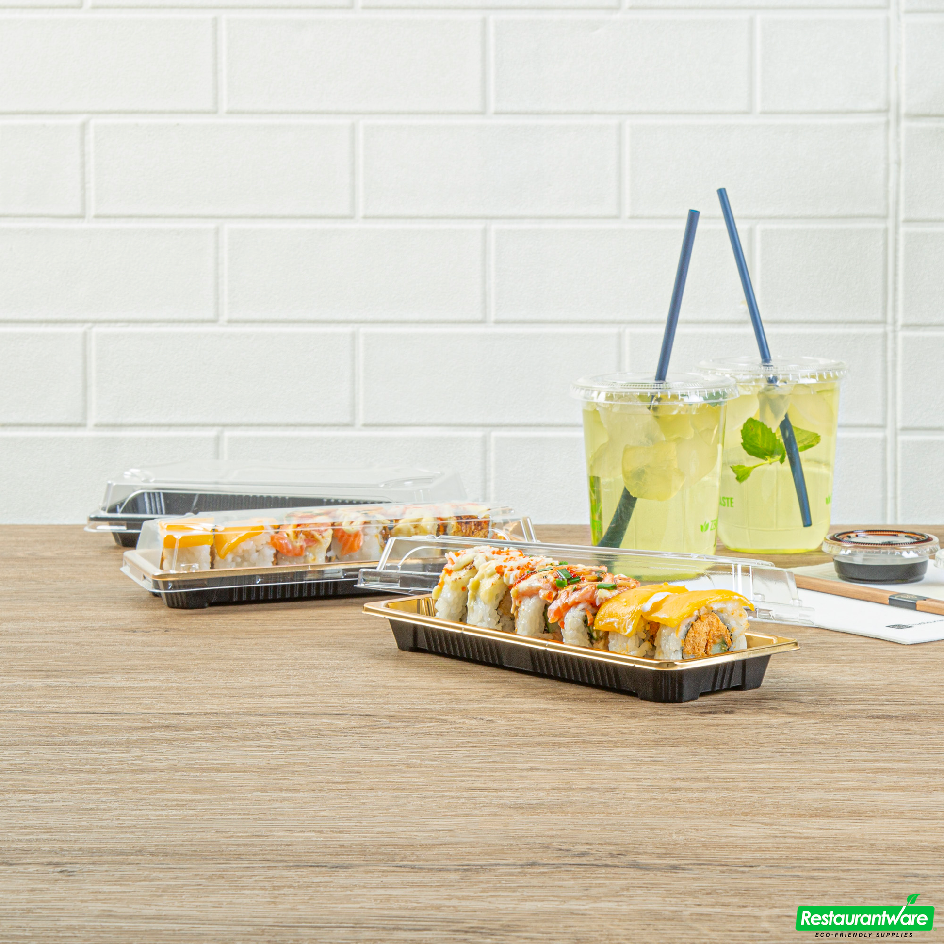 Wholesale Restaurantware Roku Rectangle Gold Plastic Take Out Sushi Tray - with Clear Lid - 8 1/2" X 3 1/4" X 1 3/4" - 100 Count Box- Bulk