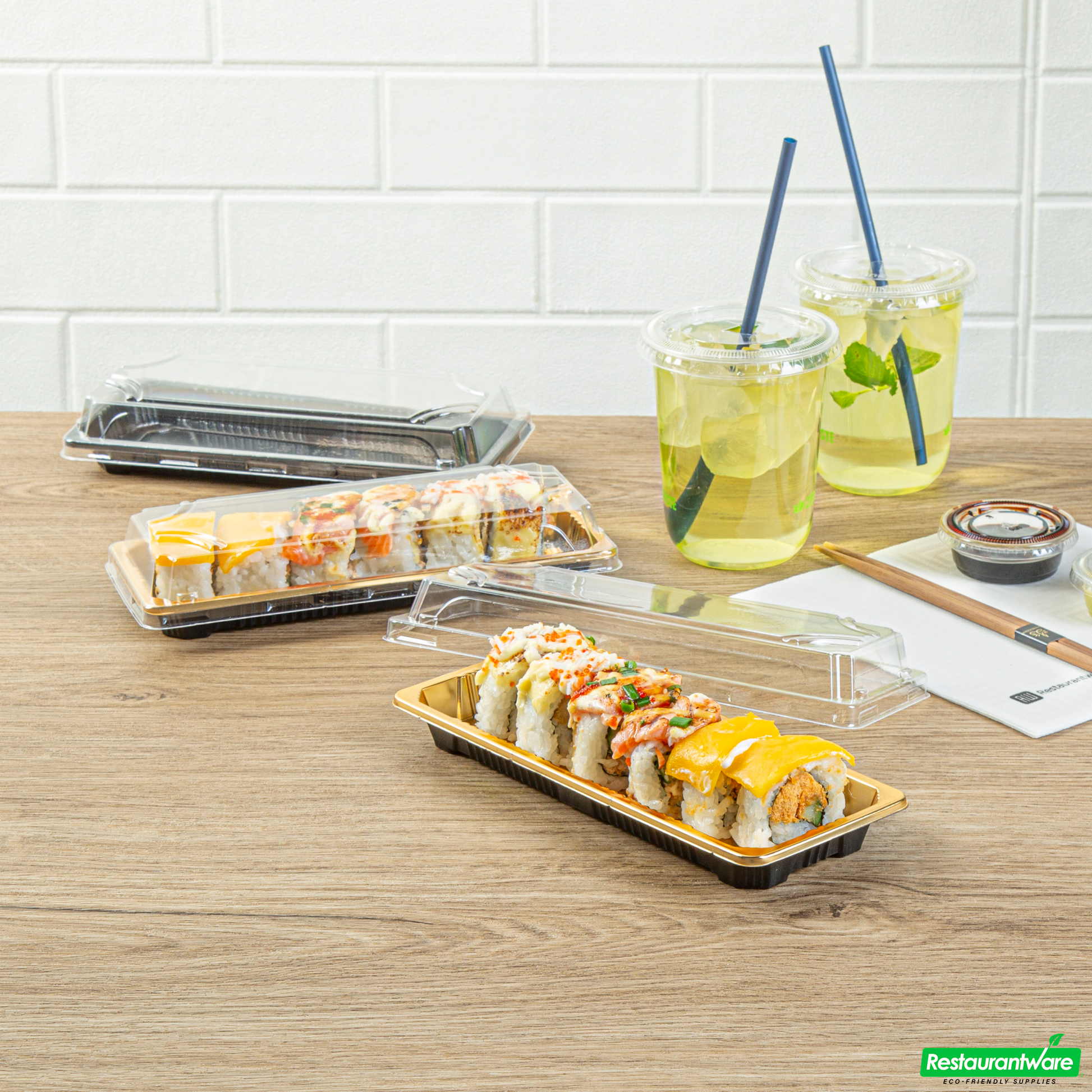 Wholesale Restaurantware Roku Rectangle Gold Plastic Take Out Sushi Tray - with Clear Lid - 8 1/2" X 3 1/4" X 1 3/4" - 100 Count Box- Bulk