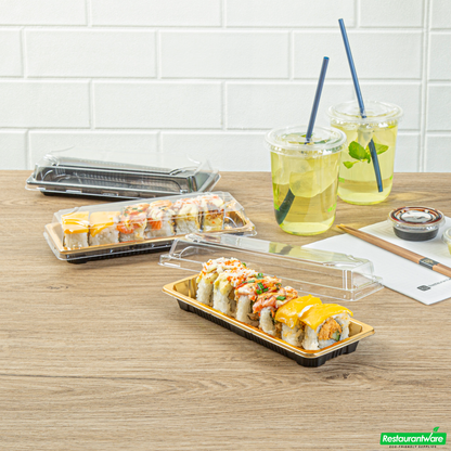 Wholesale Restaurantware Roku Rectangle Gold Plastic Take Out Sushi Tray - with Clear Lid - 8 1/2" X 3 1/4" X 1 3/4" - 100 Count Box- Bulk
