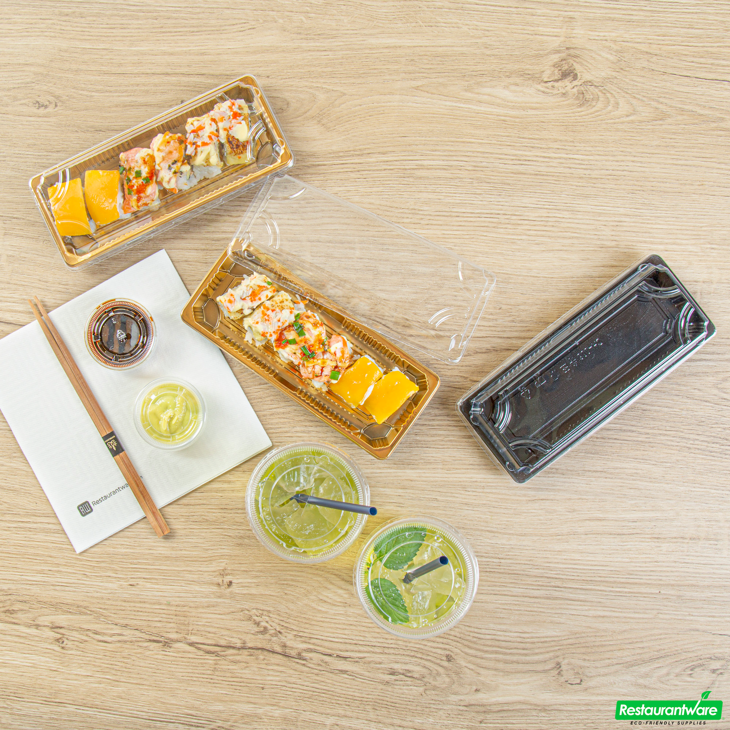 Wholesale Restaurantware Roku Rectangle Gold Plastic Take Out Sushi Tray - with Clear Lid - 8 1/2" X 3 1/4" X 1 3/4" - 100 Count Box- Bulk
