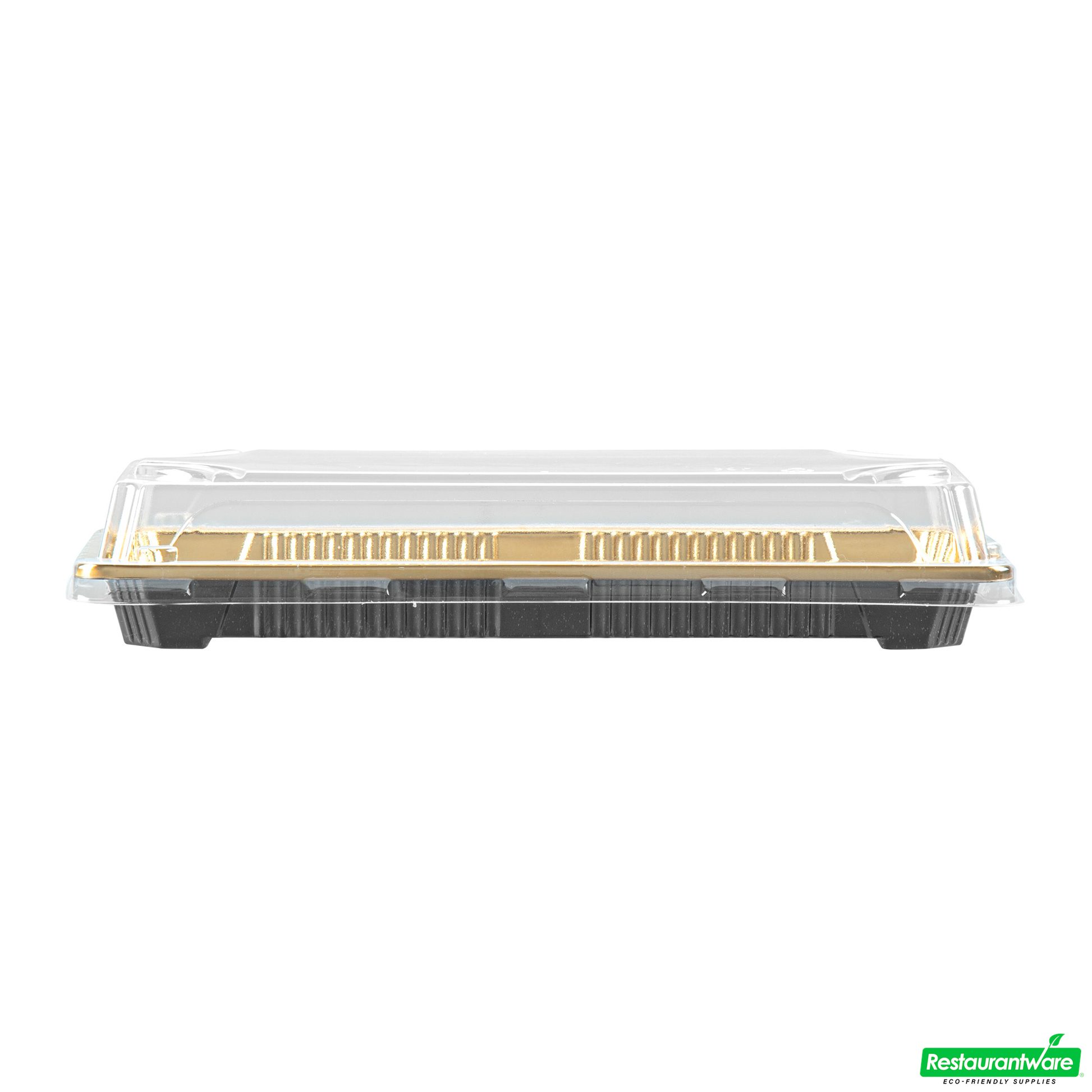 Wholesale Restaurantware Roku Rectangle Gold Plastic Take Out Sushi Tray - with Clear Lid - 8 1/2" X 3 1/4" X 1 3/4" - 100 Count Box- Bulk