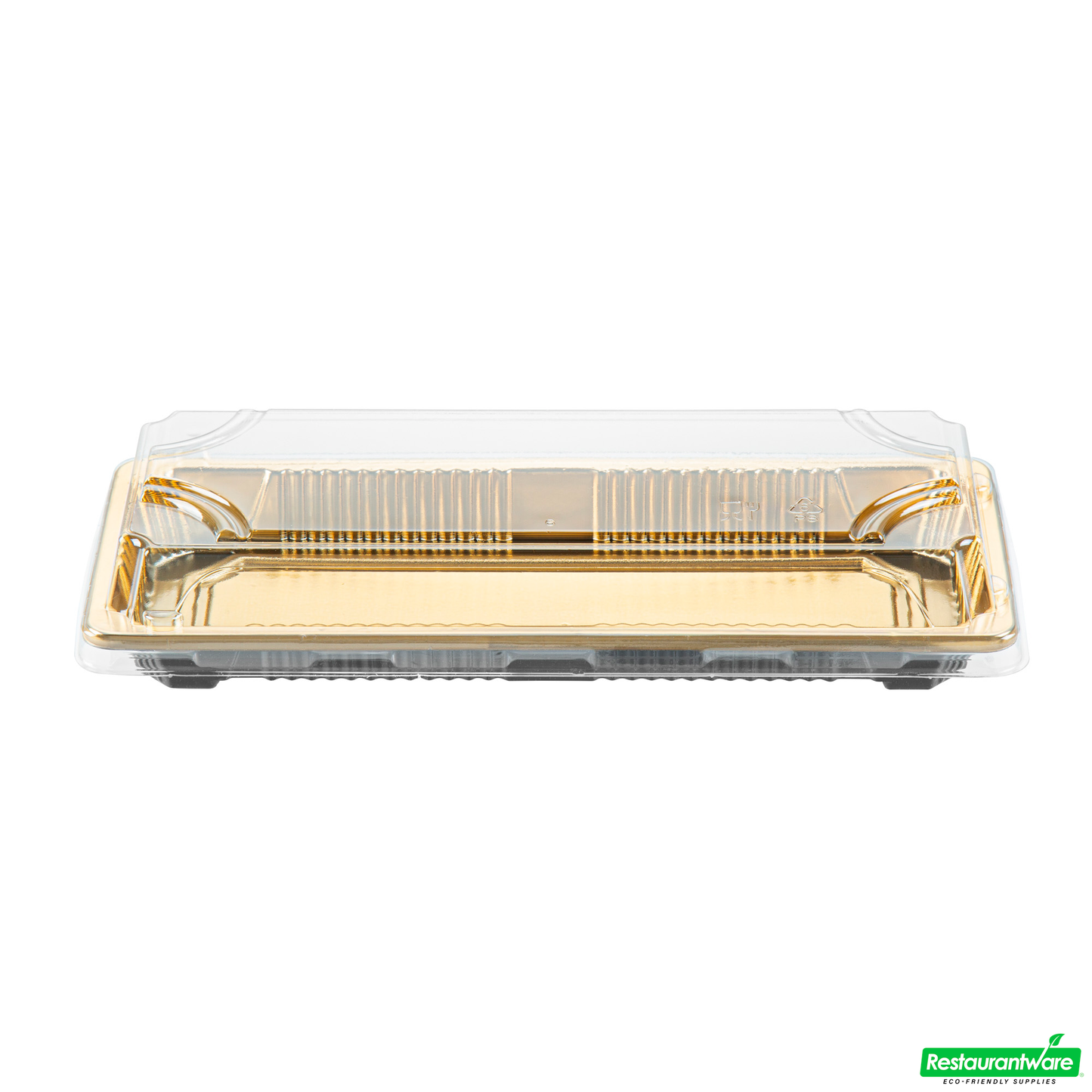 Wholesale Restaurantware Roku Rectangle Gold Plastic Take Out Sushi Tray - with Clear Lid - 8 1/2" X 3 1/4" X 1 3/4" - 100 Count Box- Bulk