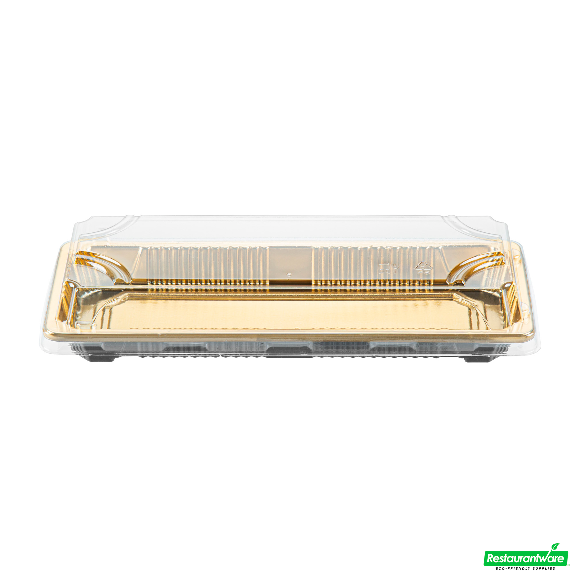 Wholesale Restaurantware Roku Rectangle Gold Plastic Take Out Sushi Tray - with Clear Lid - 8 1/2" X 3 1/4" X 1 3/4" - 100 Count Box- Bulk