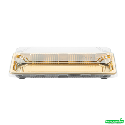 Wholesale Restaurantware Roku Rectangle Gold Plastic Take Out Sushi Tray - with Clear Lid - 8 1/2" X 3 1/4" X 1 3/4" - 100 Count Box- Bulk