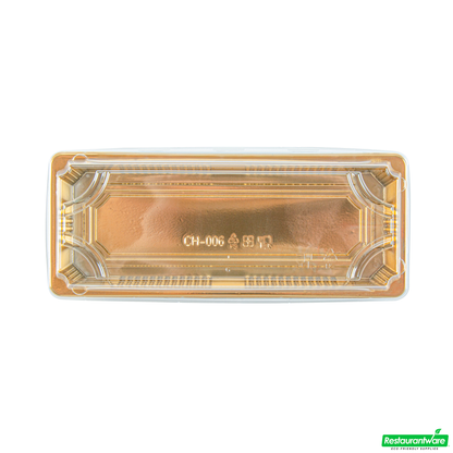 Wholesale Restaurantware Roku Rectangle Gold Plastic Take Out Sushi Tray - with Clear Lid - 8 1/2" X 3 1/4" X 1 3/4" - 100 Count Box- Bulk