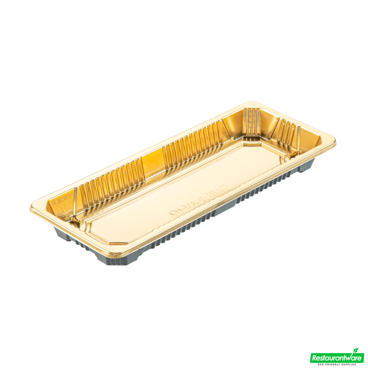 Wholesale Restaurantware Roku Rectangle Gold Plastic Take Out Sushi Tray - with Clear Lid - 8 1/2" X 3 1/4" X 1 3/4" - 100 Count Box- Bulk
