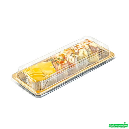 Wholesale Restaurantware Roku Rectangle Gold Plastic Take Out Sushi Tray - with Clear Lid - 8 1/2" X 3 1/4" X 1 3/4" - 100 Count Box- Bulk
