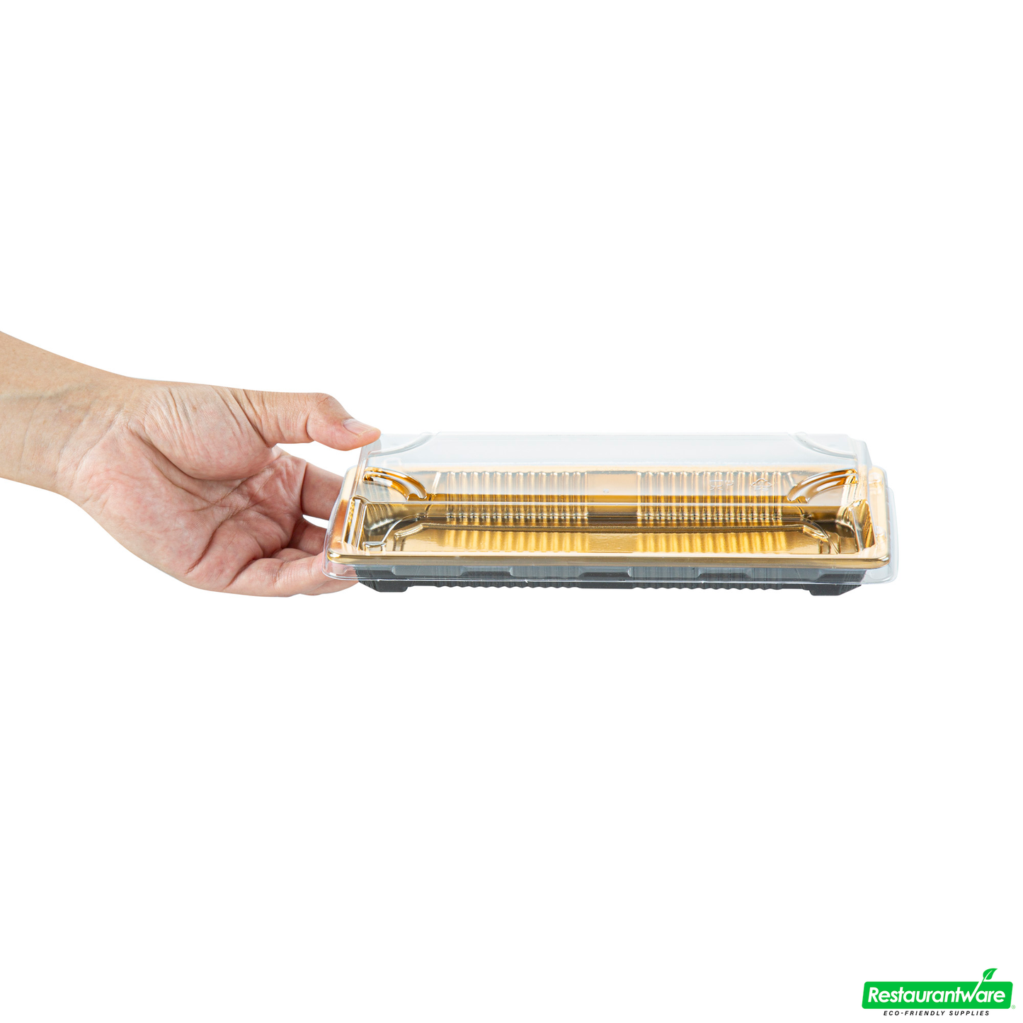 Wholesale Restaurantware Roku Rectangle Gold Plastic Take Out Sushi Tray - with Clear Lid - 8 1/2" X 3 1/4" X 1 3/4" - 100 Count Box- Bulk