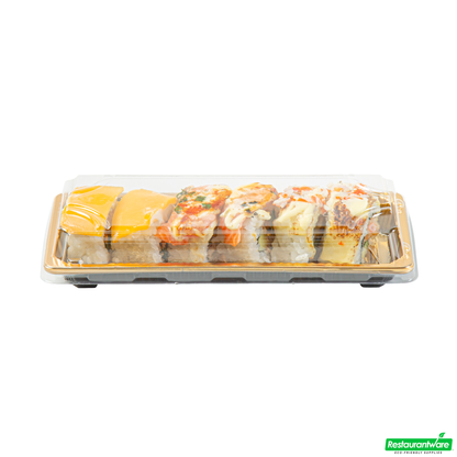 Wholesale Restaurantware Roku Rectangle Gold Plastic Take Out Sushi Tray - with Clear Lid - 8 1/2" X 3 1/4" X 1 3/4" - 100 Count Box- Bulk