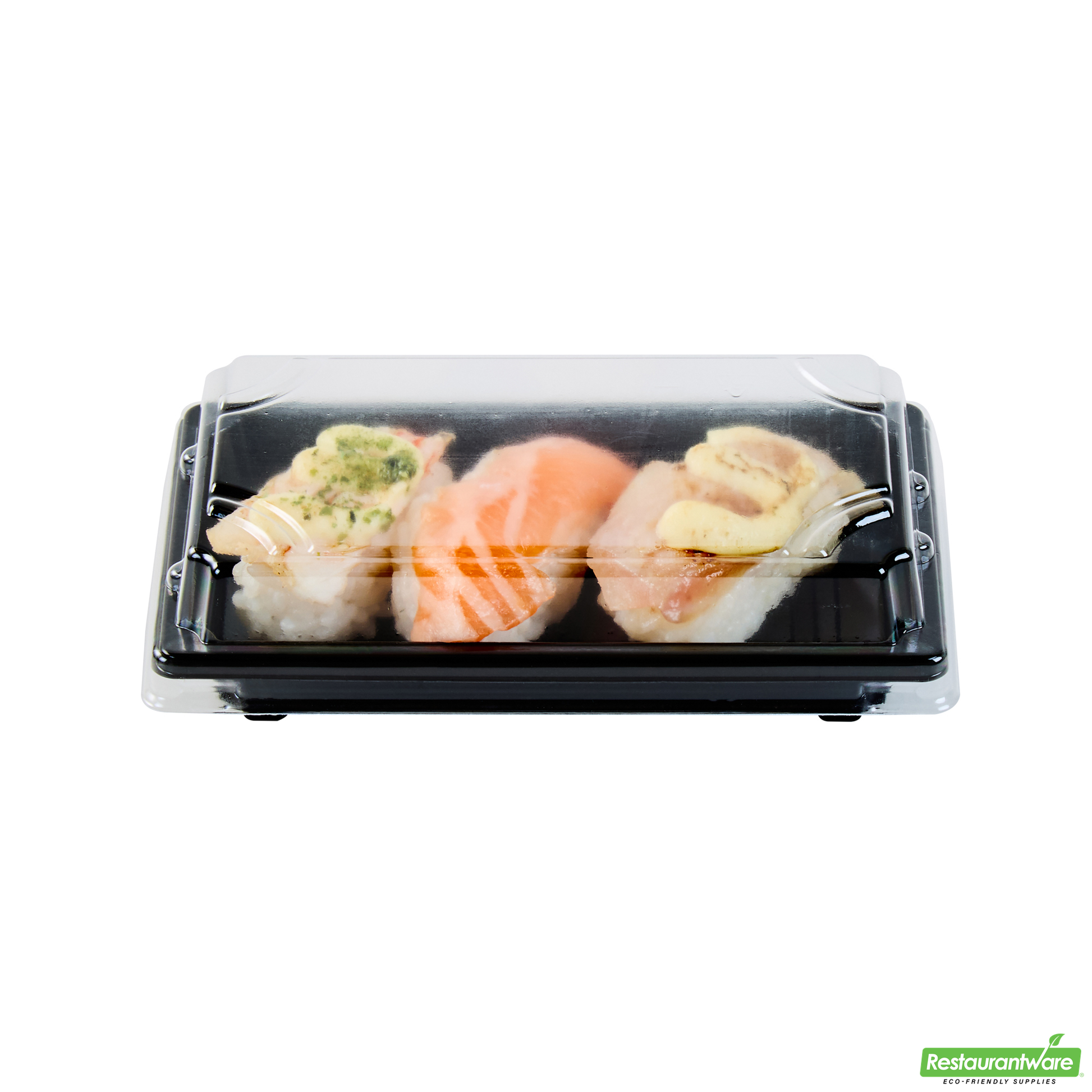 Wholesale Restaurantware Roku Rectangle Black Plastic Take Out Sushi Tray - with Clear Lid - 5 1/4" X 3 1/4" X 1 1/2" - 100 Count Box- Bulk