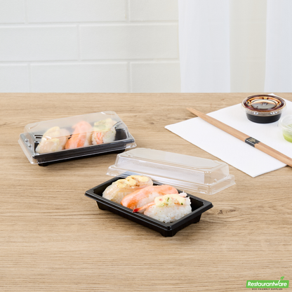 Wholesale Restaurantware Roku Rectangle Black Plastic Take Out Sushi Tray - with Clear Lid - 5 1/4" X 3 1/4" X 1 1/2" - 100 Count Box- Bulk