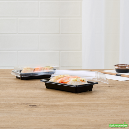 Wholesale Restaurantware Roku Rectangle Black Plastic Take Out Sushi Tray - with Clear Lid - 5 1/4" X 3 1/4" X 1 1/2" - 100 Count Box- Bulk
