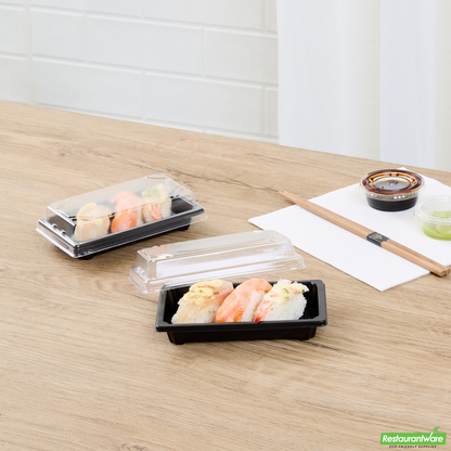 Wholesale Restaurantware Roku Rectangle Black Plastic Take Out Sushi Tray - with Clear Lid - 5 1/4" X 3 1/4" X 1 1/2" - 100 Count Box- Bulk