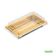Wholesale Restaurantware Roku Rectangle Gold Plastic Take Out Sushi Tray - with Clear Lid - 5 1/4" X 3 1/4" X 1 1/2" - 100 Count Box- Bulk